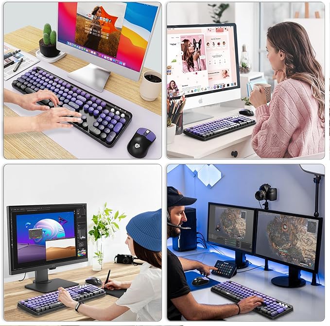 FOPETT Wireless Keyboard and Mouse Combo - 2.4G Full-Sized Cute Colorful Mouse and Keyboard with 104 Round Keys Retro Typewriter Keyboard for Laptop/Windows/PC - Purple Gradient