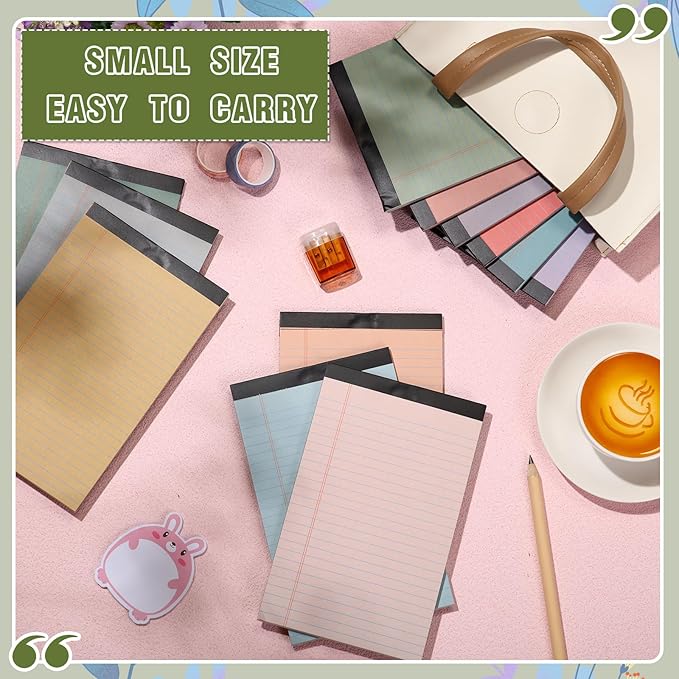 Lincia 12 Pcs 12 Pcs 5" x 8" Small Legal Pads Colored Lined Note Pads Narrow Ruled Writing Notepads 50 Sheets Per Micro Paper Notebook Lined and Perforated for College Office Supplies (Retro Colors)