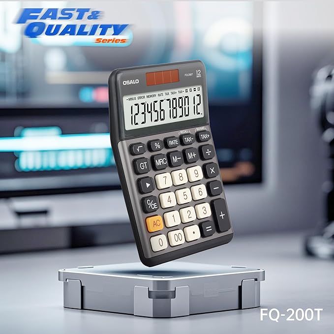 Pendancy Office Small Calculator Desktop with Tax+/- for Tax Calculation, 12 Digit Large LCD Display, Solar Battery Power, Durable Portable Design, Financial Accounting Business Home Use(OS-200T-Gray)