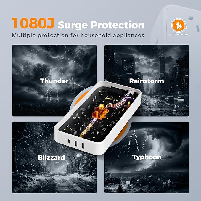 Power Strip with Surge Protection, TESSAN Flat Plug Extension Cord with 8 Outlets 3 USB Ports(1 USB C), 1080 Joules, 6 Ft, Wall-Mounted Charging Station for Apartment Office Dorm Room Essentials