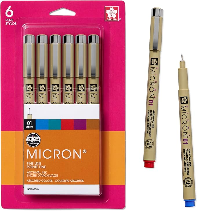 SAKURA Pigma Micron Fineliner Pens - Archival Black & Colored Ink Pens - For Writing, Drawing, or Journaling - Black & Assorted Colored Ink - 01 Point Size - 6 Pack