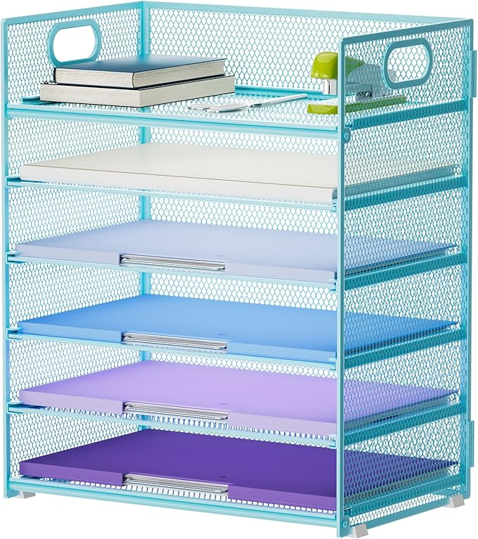 Marbrasse 6 Tier Paper Organizer Letter Tray - Mesh Desk File Organizer with Handle, Paper Sorter for Letter/A4 Office File Folder Holder -Blue