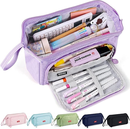 MAMUNU Pencil Case Pouch Large Capacity with Compartments, Pencil Case Pouch Bag with Zipper Handle for Teen Girls Adults Women, Portable Pen Bag Stationery Organizer for Office School Travel, Purple