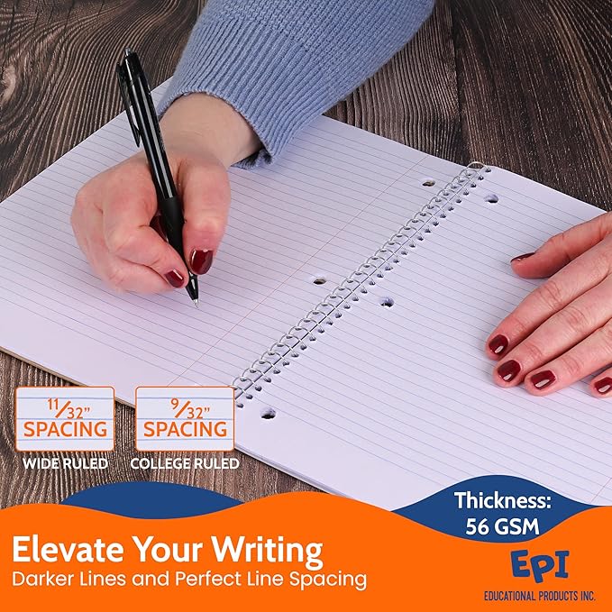 EPI Spiral Notebook | Wide - 70 Sheets, Durable Spiral Binding | 10.5 x 8 in | Classroom Supplies | School, Office, Note Taking, Journaling - 6 Pack