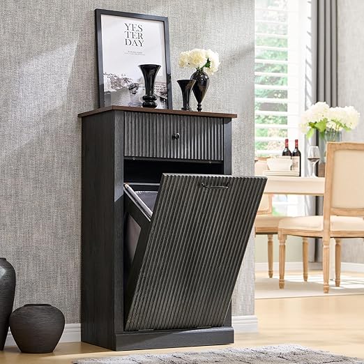 Modern Tilt-Out Trash Can Cabinet, 10 Gallon Fluted Laundry Hamper Cabinet with Drawers, Wooden Hidden Garbage Can Cabinets with Storage Basket, Free Standing for Kitchen and Living Room, Grey