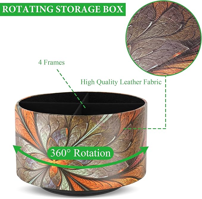 lizimandu Round Leather Art Supply Organizer,Remote Control Holder,360 Degree Rotating,Multi-Functional Pencil Holder,4 Compartments Desktop Stationary Organizer(1-Orange Flower)