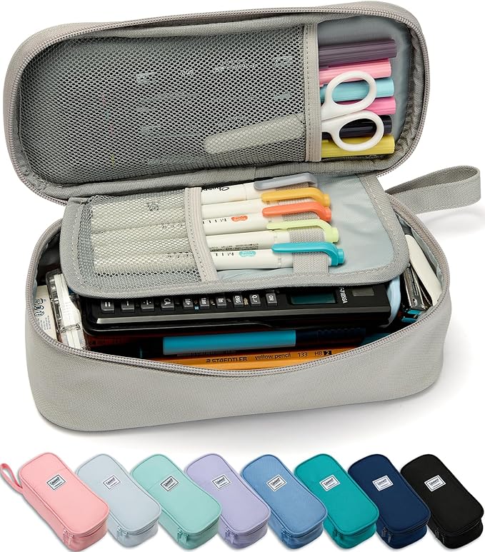 Pencil Case Pouch Box Bag School Supplies Girls Boys Kids, Cute Preppy Stuff Large Big Capacity Aesthetic Pen Organizer, Back to College Stationary, Gray, Classic Stlye, 1800ml