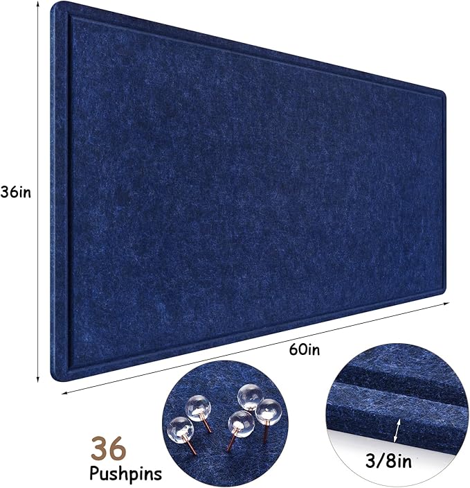Large Bulletin Board, Foldable 60x36 Inches Cork Board Alternative, Large Felt Board Decorative Pin Board for Wall, Foldable Photo Board Self-Adhesive Vision Board with 36 Pushpins Dark Blue