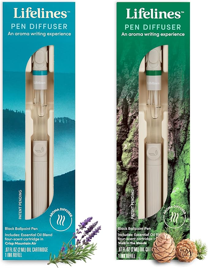 Lifelines Pen Diffuser Set, 2-Pack (Crisp Mountain Air & Walk in the Woods) - 1mm Black Ballpoint Pens with Scented Essential Oil Blends – Aromatherapy Diffuser & Sensory Immersion Diffuse Aroma