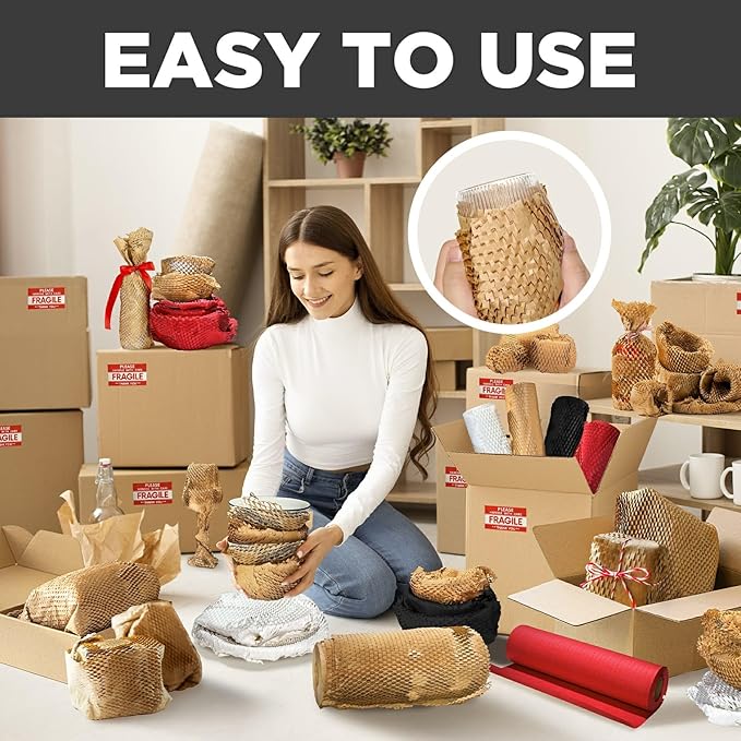 Honeycomb Packing Paper, 12"x150' Black | Perforated Honeycomb Packing Paper Recyclable Moving Supplies for Shipping & Moving | Plastic-Free Alternative to Bubble Cushion Wrap with 36 Fragile Stickers