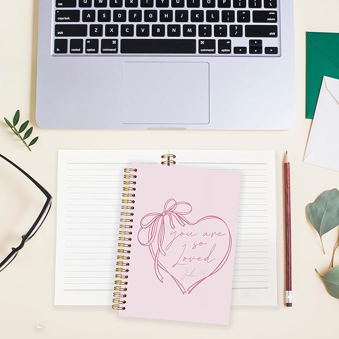 BearCake Coquette Pink Bow Christian Notebook Journal, Christian Gifts for Women, You Are So Loved Bible Journaling Prayer for Women, Preppy Aesthetic Hardcover Spiral Notebook 5.5x8.3