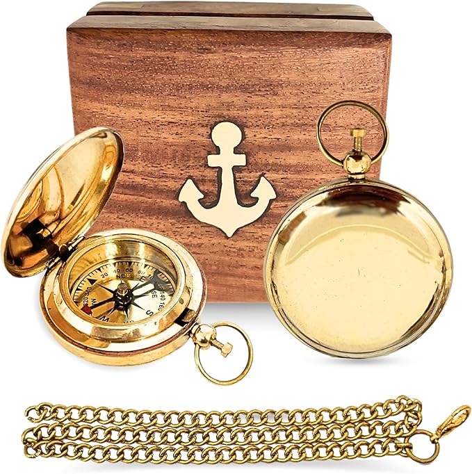 Antique Brass & Copper Sundial Compass, Sundial Clock in Box Gift Sun Clock Ship Replica Watch, Nautical Gifts for Men, Unique Nautical Decor, Naval Maritime Sundial (#3 Golden Push Button)