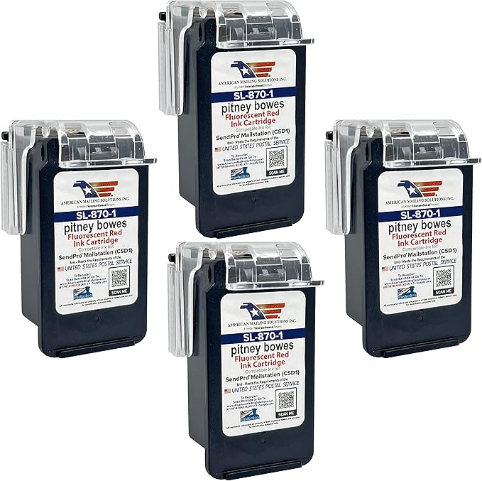 AMERICAN MAILING SOLUTIONS INC. | 4-Pack | PB SL-870-1 Red Fluorescent Ink Cartridge Replacement for SendPro Mailstation (CSD1) Postage Meter…