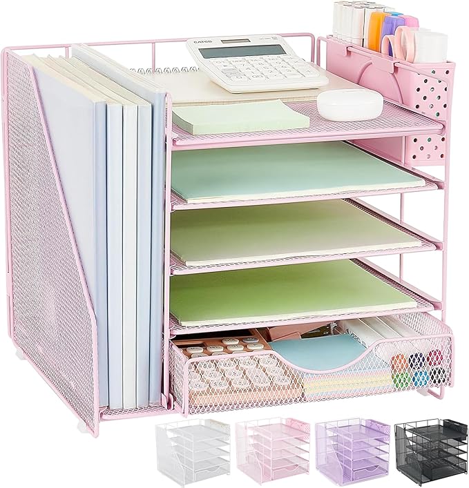 Desk Organizer with Drawer and Pen Holder, 5-Tier Paper Letter Tray Organizer with File Holder, Suitable for Workspace Organizer Office Supplies Storage (Pink)