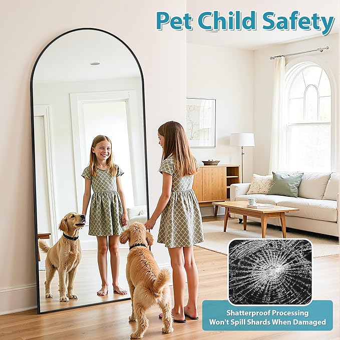 Full Length Mirror, 71"x32" Oversized Floor Mirror Freestanding, Full Body Mirror Floor Standing Mirrors with Stand, Hanging Mounted Mirrors for Bedroom Living Room, Black, Arched Style