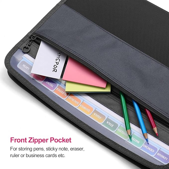 MEGREZ Expanding File Folder with 13 Pockets, 2 Pack A4 Paper File Folder with Zipper Color Labels, Waterproof Accordion File Folder Organizer for Home Office, Blue & Black