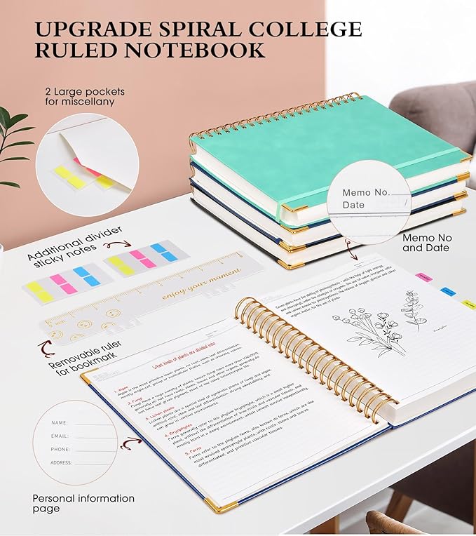 Spiral Notebook Journal 5.75” x 8.38”, 300 Pages Hardcover Leather Lined Journals for Women Men, A5 Small College Ruled Notebooks with 100 GSM Thick Paper, Spiral Journal for Writing Work School, Navy