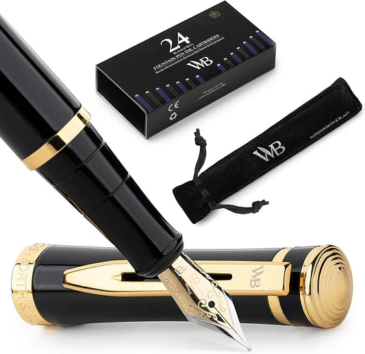 Wordsworth & Black Fountain Pen Set, 18K Gilded Extra Fine Nib, Includes 24 Pack Ink Cartridges, Ink Refill Converter & Gift Pouch, Gold Finish, Calligraphy, [Black Gold], Perfect for Men & Women