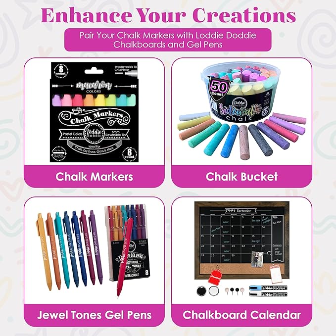 Loddie Doddie Liquid Chalk Markers (24-Pack) - Dust-Free Erasable Pens for Windows, Glass, Chalkboard & Blackboard - 6mm Reversible Bullet & Chisel Tip