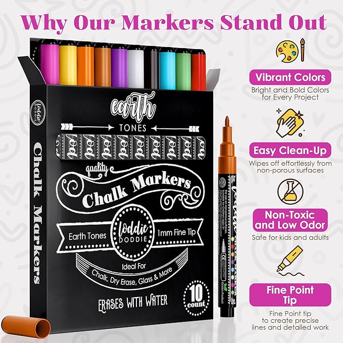 Loddie Doddie Fine Liquid Chalk Markers (10-Count) - Erasable Earth Tones Chalk Markers & Pens for Chalkboard & Blackboard