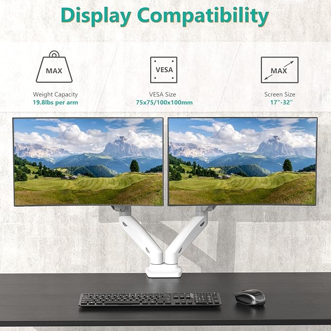 WALI Dual Monitor Stand, Adjustable Gas Spring Arm Monitor Mount for 2 Monitors up to 32 Inch,19.8lbs Capacity (GSMP002W), White by WALI