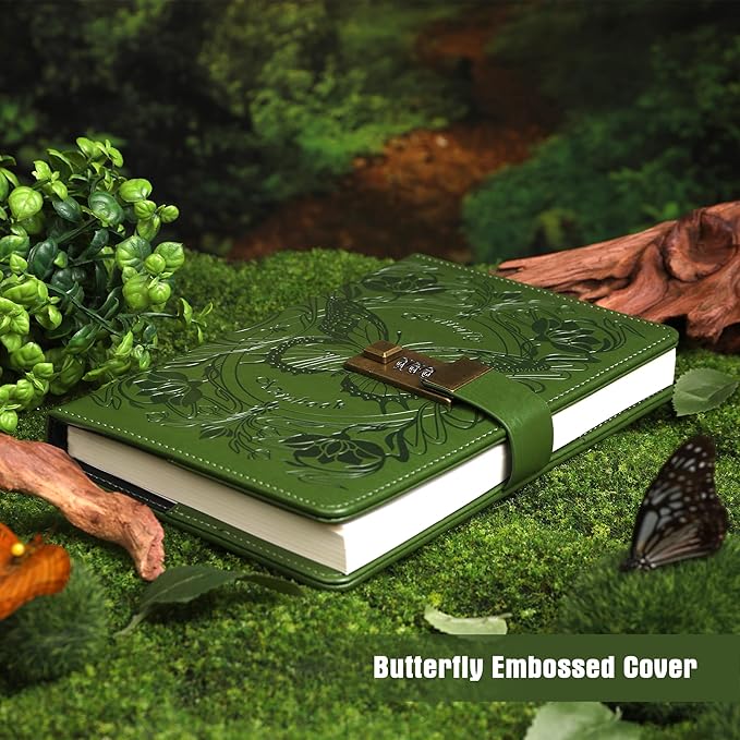 TIEFOSSI Diary with Lock for Women Girls, Lined Locked Journal, Butterfly Journal Notebook with Pen and Bookmark, A5 Refillable Locking Journals for Writing, 224 Numbered Pages