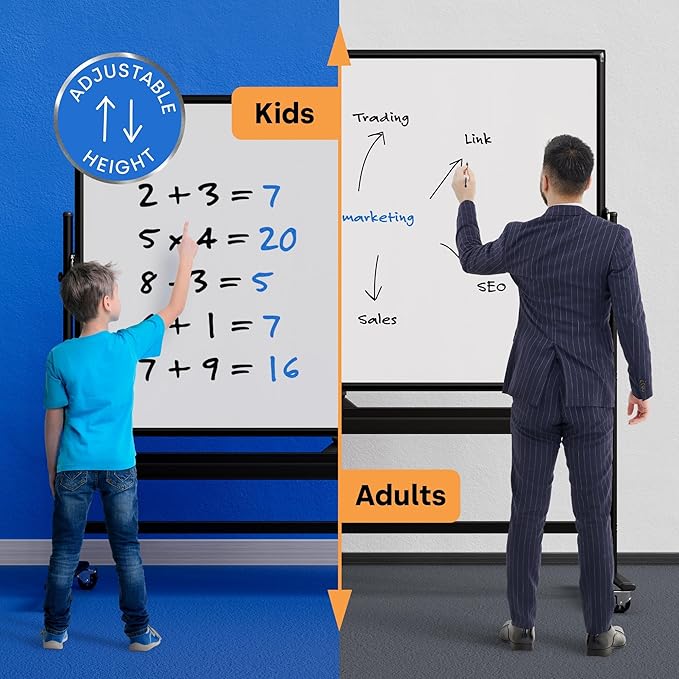 Rolling Dry Erase Board 96 x 46 - Large Portable Magnetic Whiteboard with Stand - Double Sided Easel Style Whiteboard with Wheels - Mobile Standing White Board for Office, Classroom & Home