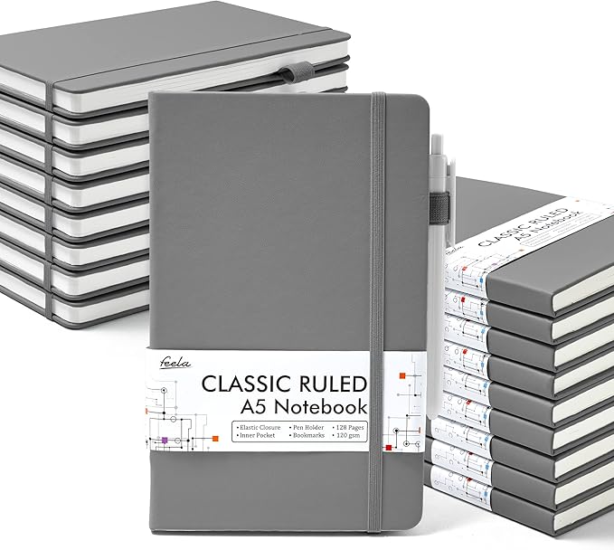 feela 18 Pack Journal Notebook for Work, Business Notebook Bulk Hardcover Lined Writing Journal with Pen Holder for Men Women Note Taking, with 18 Black Pens, 120 GSM, 5.1”x8.3”, A5, Gray
