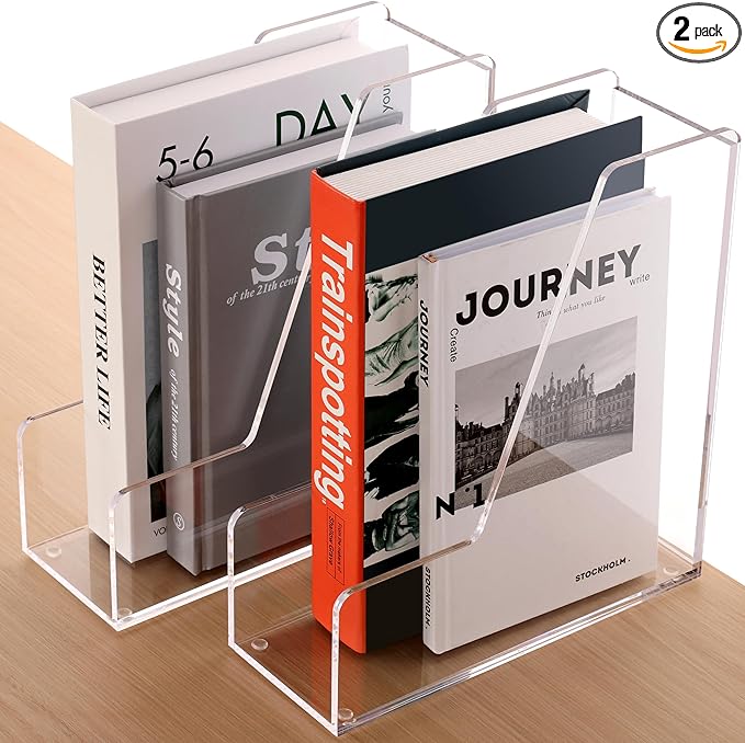 Magazine Holder, Clear Acrylic Desk Organizers, File Organizer for Desk, Magazine Rack- Desktop Book Storage -Independent Vertical 1 Space-2 Pack