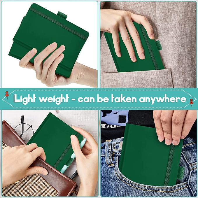 40 Pieces Small Notebooks A6 Pocket Journals 3.5 x 5.5 Inch Small Leather Notebook Mini Ruled Lined Journal with Elastic Band Pen Holder Page Marker Ribbons (Green)