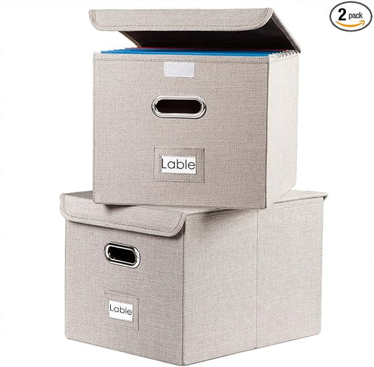 PRANDOM File Organizer Box - Set of 2 Collapsible Decorative Linen Filing Storage Hanging File Folders with Lids Office Cabinet Letter Size Light Grey (15x12.2x10.75 inch)