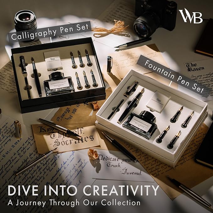 Wordsworth & Black Calligraphy Pen Gift Set, Includes Bottle, 6 Cartridges, Refill Converter, 6 Replacement Nibs, Premium Package, Journaling, Smooth Writing Pens [Black Gold]