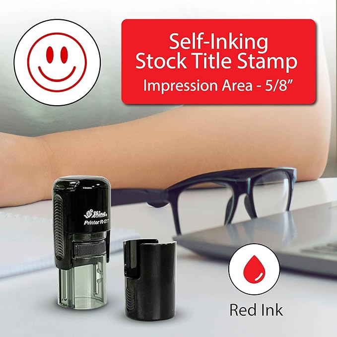 Shiny Smiley Face Teacher Stamp, Round Self Inking Stamp for Classroom, Red Ink