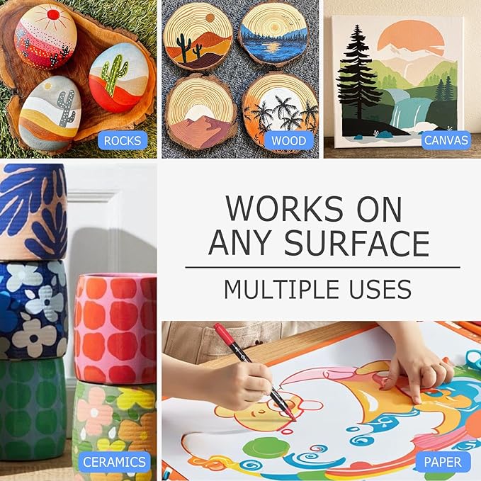 Overseas White Acrylic Paint Markers, 2 Pack Dual Tip Paint Pens Acrylic Markers with Dot and Brush Tip, Coloring Marker for Wood, Rock, Canvas, Glass, Metal, Ceramic, Plastic, Fabric, School Supplies