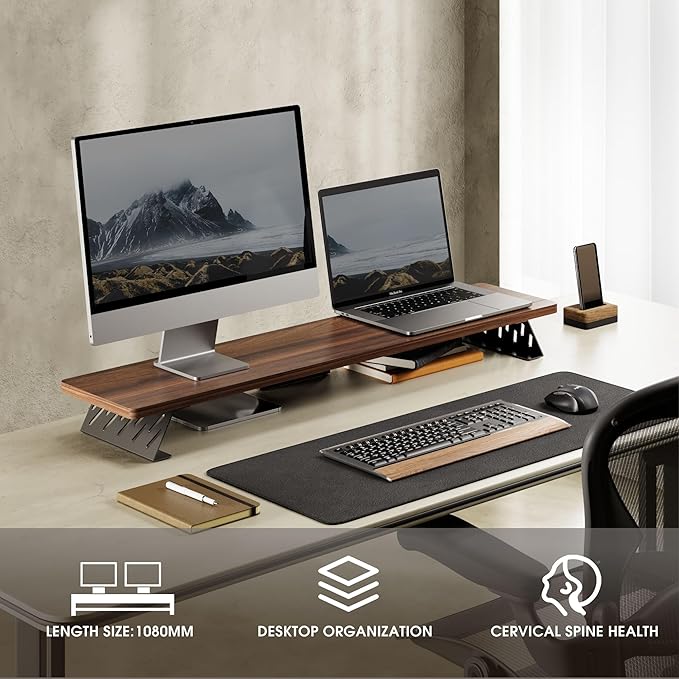 Fenge Dual Monitor Stand Riser, 42.5 Inch Desk Top Shelf for 2 Monitors, Computer Stands for Desk, Wood & Steel Desktop Riser for Laptop, PC, Printer