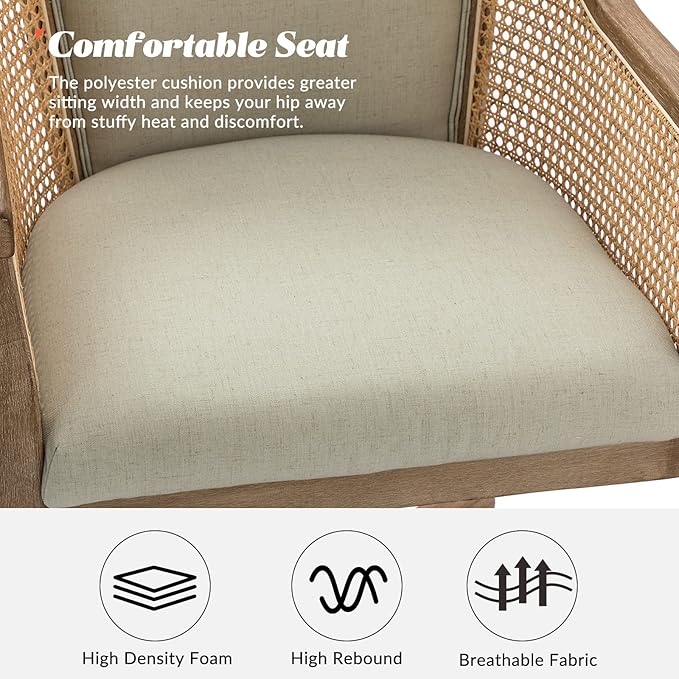 HULALA HOME Rattan Desk Chair, Upholstered Home Office Chair, Vintage Office Chair with Armrest, Adjustable Swivel Rolling Height Task Chair for Living Room Bedroom Study Room, Linen