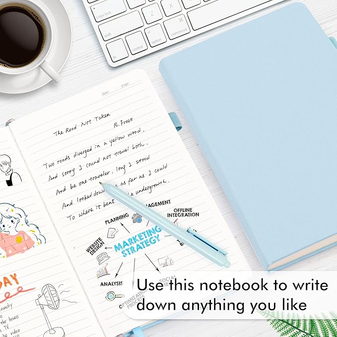 feela 3 Pack Notebooks Journals Bulk, Hardcover Notebook Classic Ruled Lined Journals with Pen Holder for Women Girls School Business Supplies, with 3 Black Pens, 120 GSM, 5.1”x8.3”, A5, Light Blue