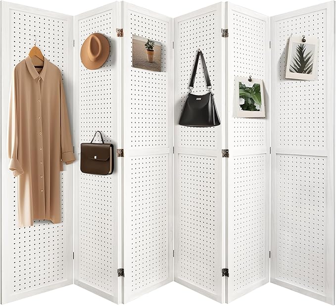 NicBex 6 Panel Pegboard Display,5.6FT Wood PegBoard Room Dividers,Folding Privacy Screens Portable Freestanding Display Board for Craft/Art Shows,Room Separation,White
