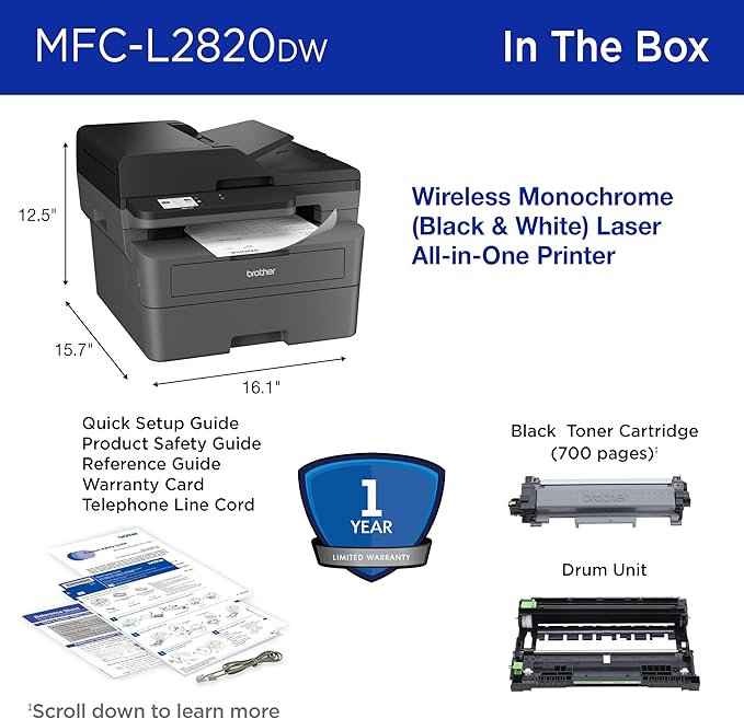 Brother MFC-L2820DW Wireless Compact Monochrome All-in-One Laser Printer with Copy, Scan and Fax, Duplex, Black & White | Includes Refresh Subscription Trial(1), Works with Alexa