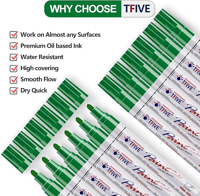TFIVE Green Paint Pens Markers - 12 Pack Oil Based Permanent Marker, Medium Tip, Never Fade, Quick Dry, Waterproof Paint Pen for Rocks Painting, Wood, Fabric, Plastic, Canvas, Glass, Metal