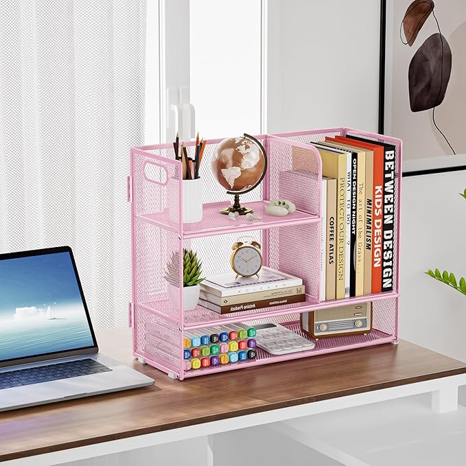 Marbrasse 3-Tier Desk Shelf Organizer with Handle, Desktop Bookshelf File Holder, Mesh Display Shelf Organizer Storage Rack for Office, Home, Supplies, Kitchen (Pink)