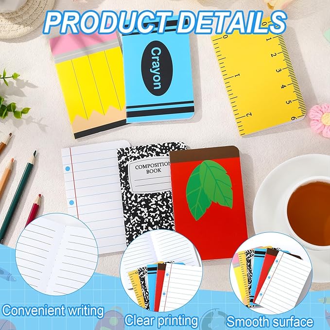 48 Pack Back to School Party Favor Mini Composition Books Small Pocket Size Crayon Pencil Apple Teacher Appreciation Notebooks for Students First Day of School Gift Favors Classroom Prize 5x3 Inch