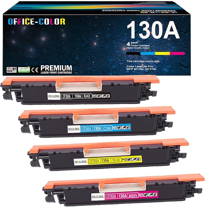 OFFICE-COLOR Replacement for HP 130A Toner Cartridges Set Works with HP Color Laserjet pro MFP M177fw,M176n Printer Ink (Black,Cyan, Magenta, Yellow 4 Pack)
