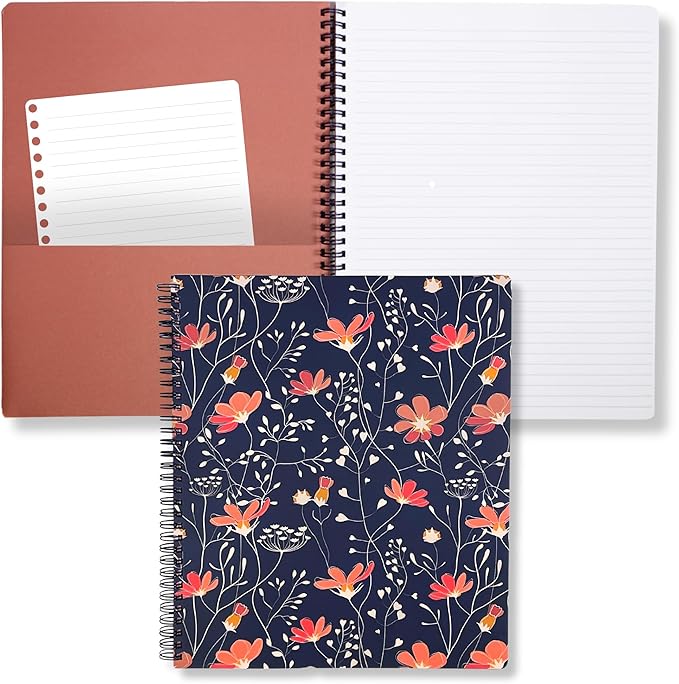 Steel Mill & Co Cute Large Spiral Notebook College Ruled, 11" x 9.5" with Durable Hardcover and 160 Lined Pages, Floral Vines