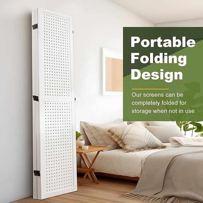 NicBex 6 Panel Pegboard Display,5.6FT Wood PegBoard Room Dividers,Folding Privacy Screens Portable Freestanding Display Board for Craft/Art Shows,Room Separation,White