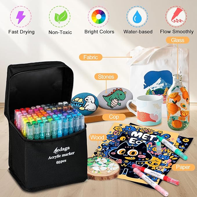 YHC 60 Colors Acrylic Paint Pens with Free App, Dual Tip Acrylic Paint Markers with Brush Tip and Fine Tip for Adults, Kids, Eggs, Wood, Rock, Canvas, Plastic, Stone, Glass, Ceramic