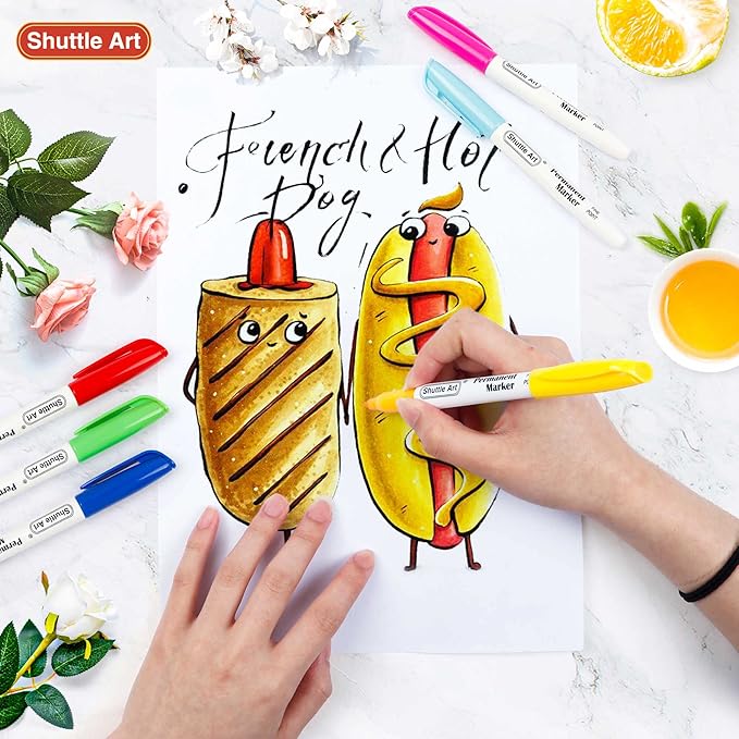 Shuttle Art 60 Colors Permanent Markers, Fine Point, Assorted Colors, Works on Plastic,Wood,Stone,Metal and Glass for Doodling, Coloring, Marking