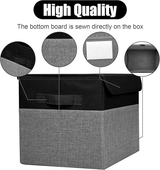 Large 22 Quart Linen Fabric Foldable Storage Bin Cube Organizer Basket with Flip-Top Lid & Handles, Clothes Blanket Box for Home, Office, Closet, Black & Gray, 4 Pack 14.6 x 9.5 x 9.5