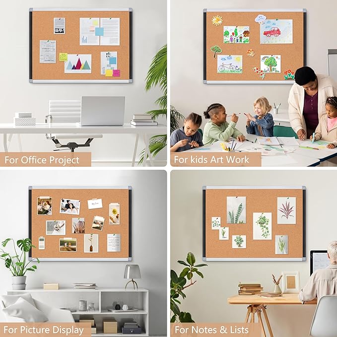 Board2by Cork Board Bulletin Board 20" x 30", Black/Silver Aluminium Framed Corkboard, Office Board for Wall Decor, Large Wall Mounted Notice Pin Board with 18 Push Pins for School, Home & Office