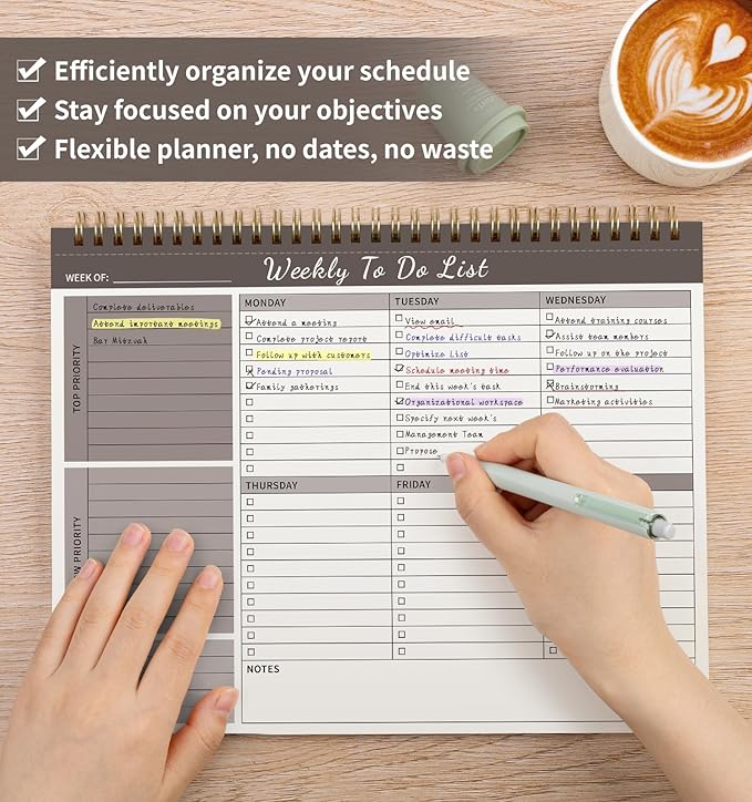 Weekly To Do List Notepad, 52 Undated Sheets （8.5"×11") Duplex-printed Weekly Planner Notepad For Work Home School Office Desk Accessories Supplies & Goal Setting Tasks - Brown